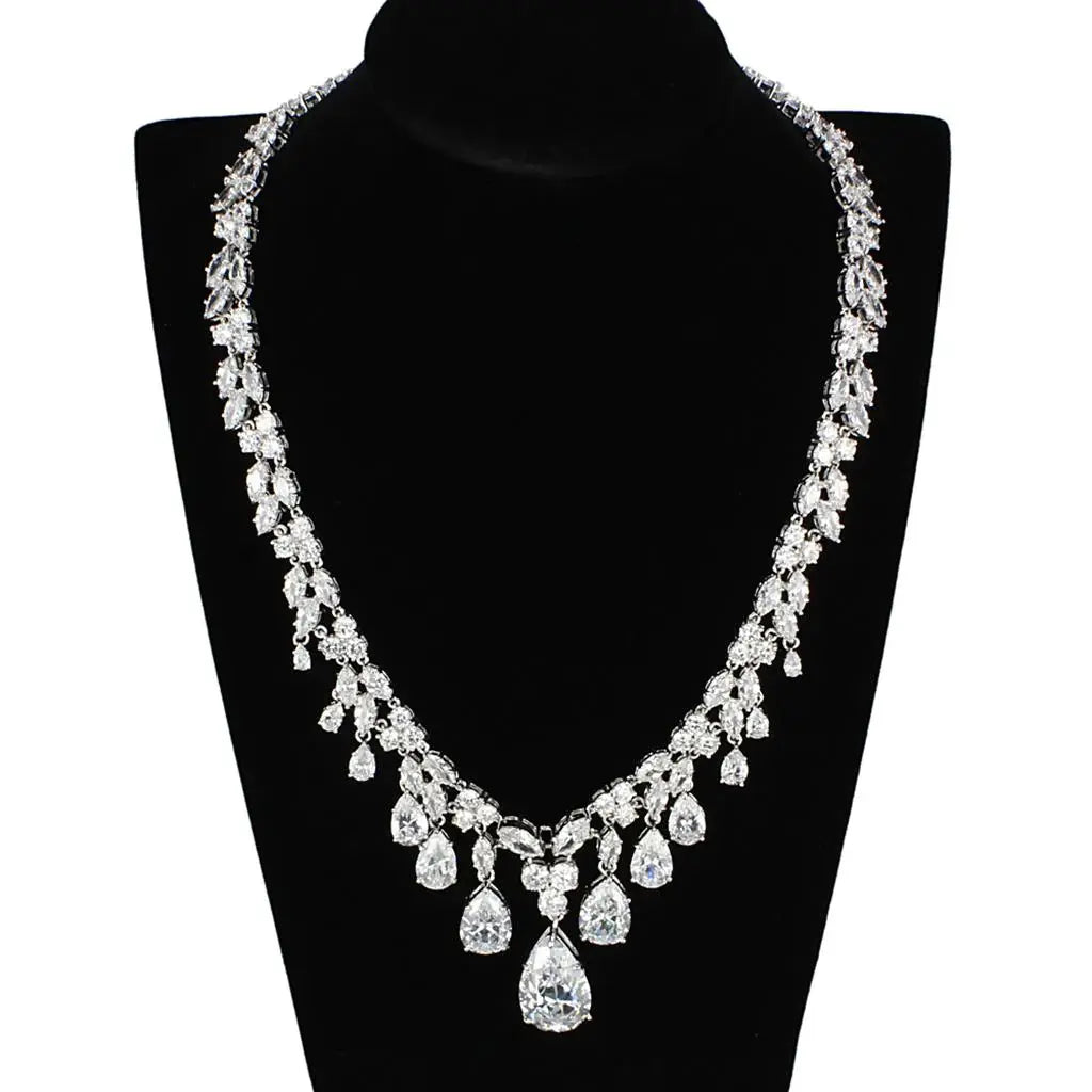 3W925 - Rhodium Brass Jewelry Sets with AAA Grade CZ in Clear - Alamode - Flyclothing LLC