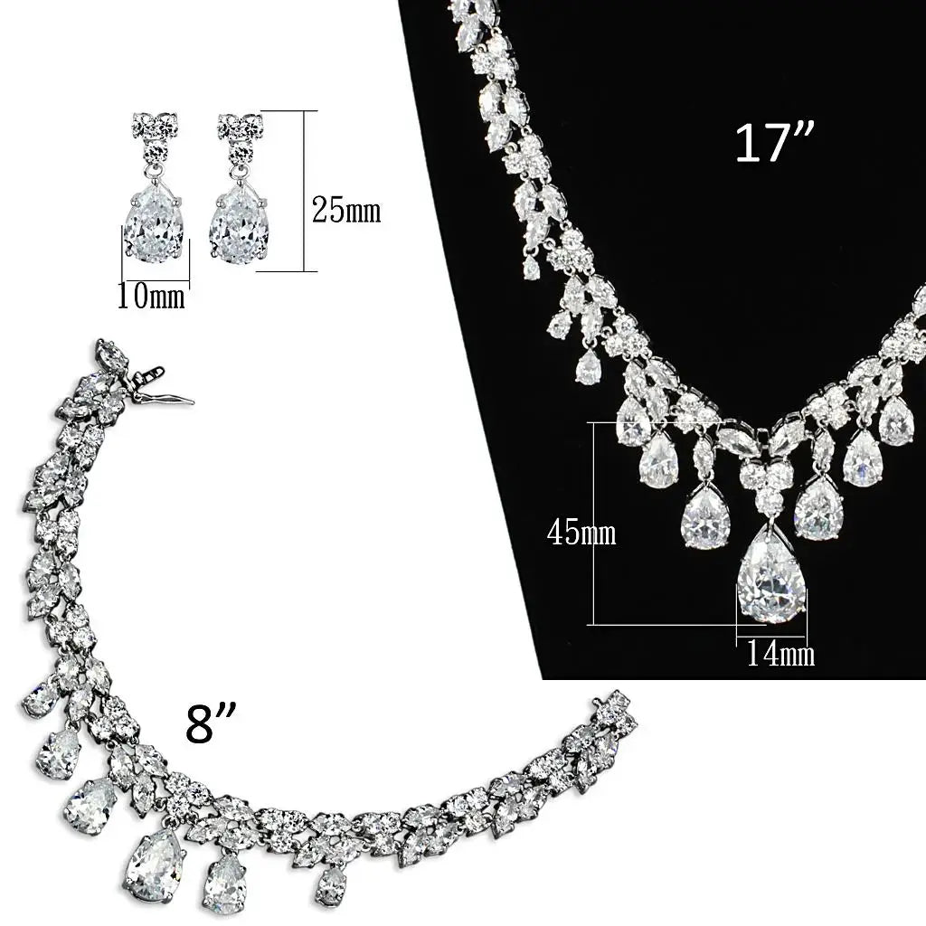 3W925 - Rhodium Brass Jewelry Sets with AAA Grade CZ in Clear - Alamode - Flyclothing LLC