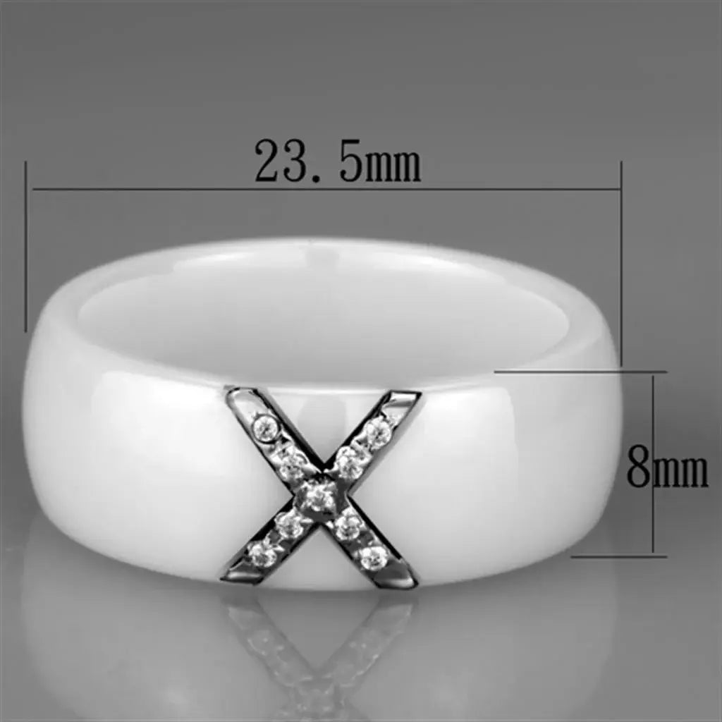 3W948 - High polished (no plating) Stainless Steel Ring with Ceramic in White - Alamode - Flyclothing LLC