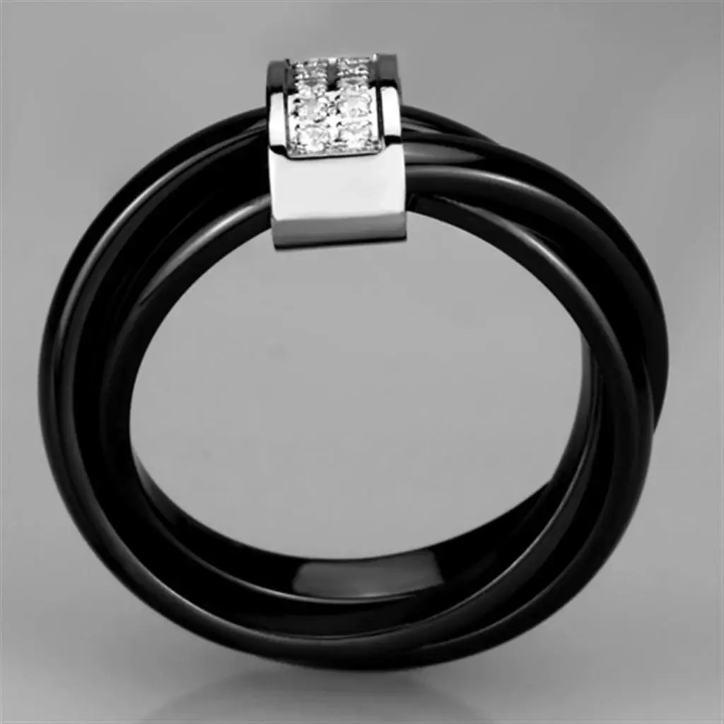 3W950 - High polished (no plating) Stainless Steel Ring with Ceramic in Jet - Alamode - Flyclothing LLC