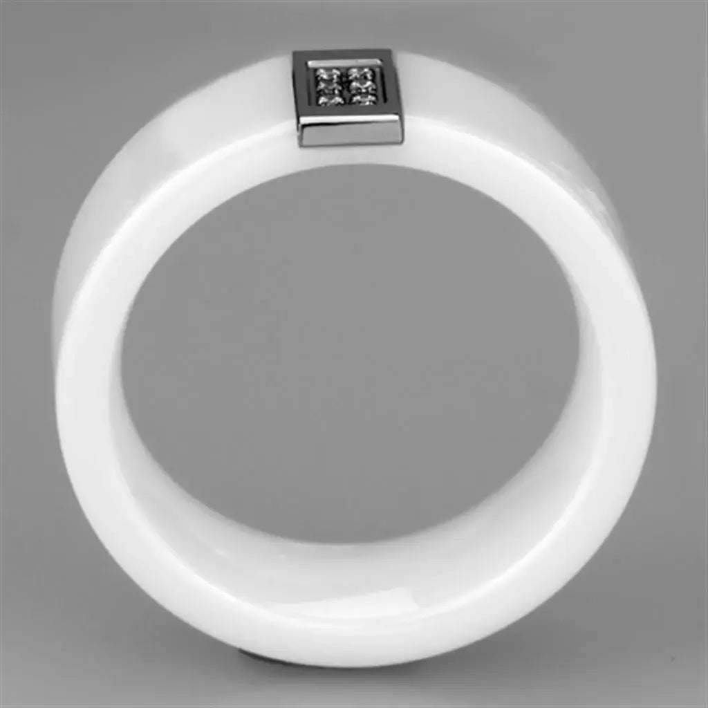 3W952 - High polished (no plating) Stainless Steel Ring with Ceramic in White - Alamode - Flyclothing LLC