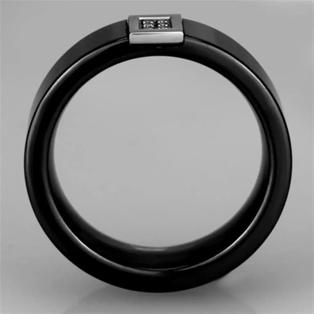 3W953 - High polished (no plating) Stainless Steel Ring with Ceramic in Jet - Alamode - Flyclothing LLC