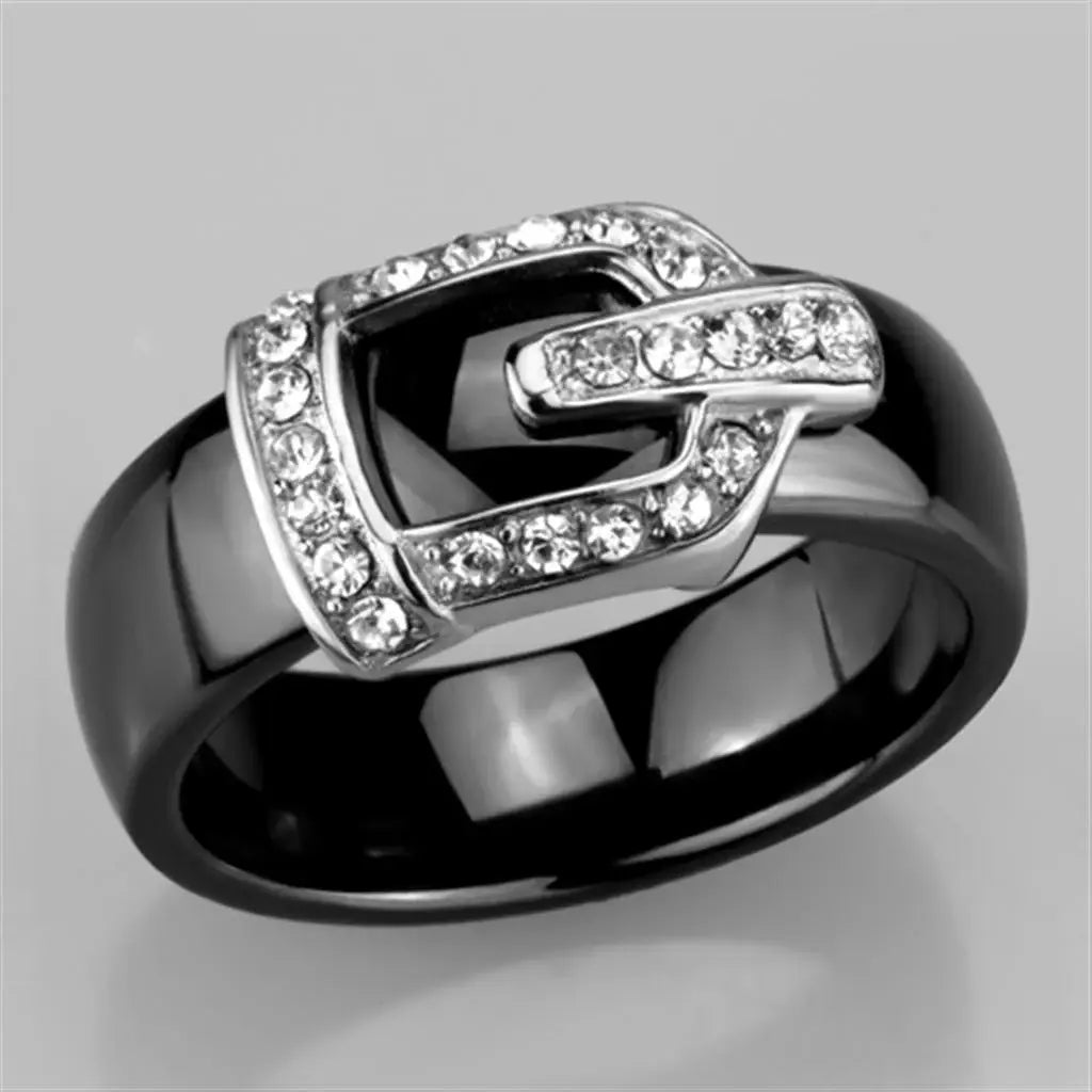 3W954 - High polished (no plating) Stainless Steel Ring with Ceramic in Jet - Alamode - Flyclothing LLC