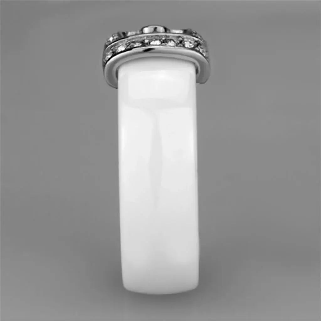 3W955 - High polished (no plating) Stainless Steel Ring with Ceramic in White - Alamode - Flyclothing LLC