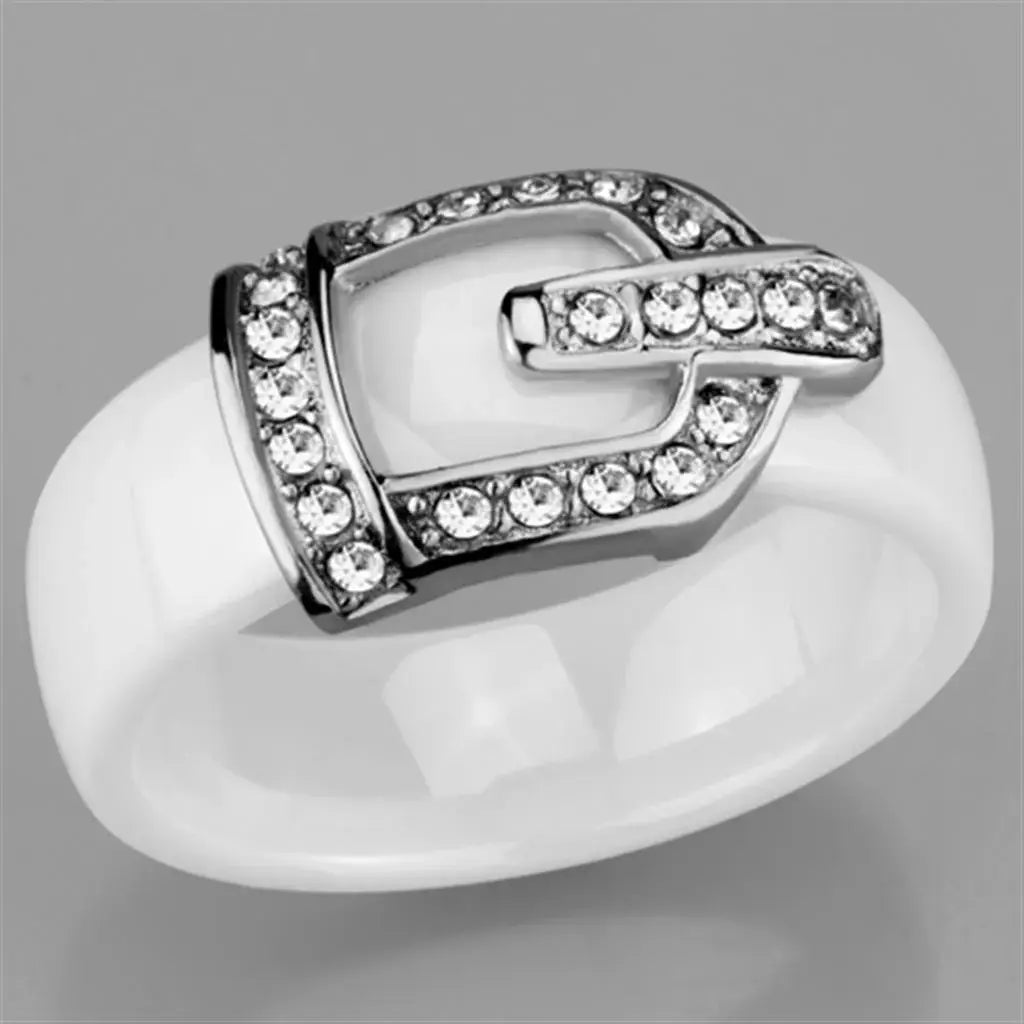 3W955 - High polished (no plating) Stainless Steel Ring with Ceramic in White - Alamode - Flyclothing LLC