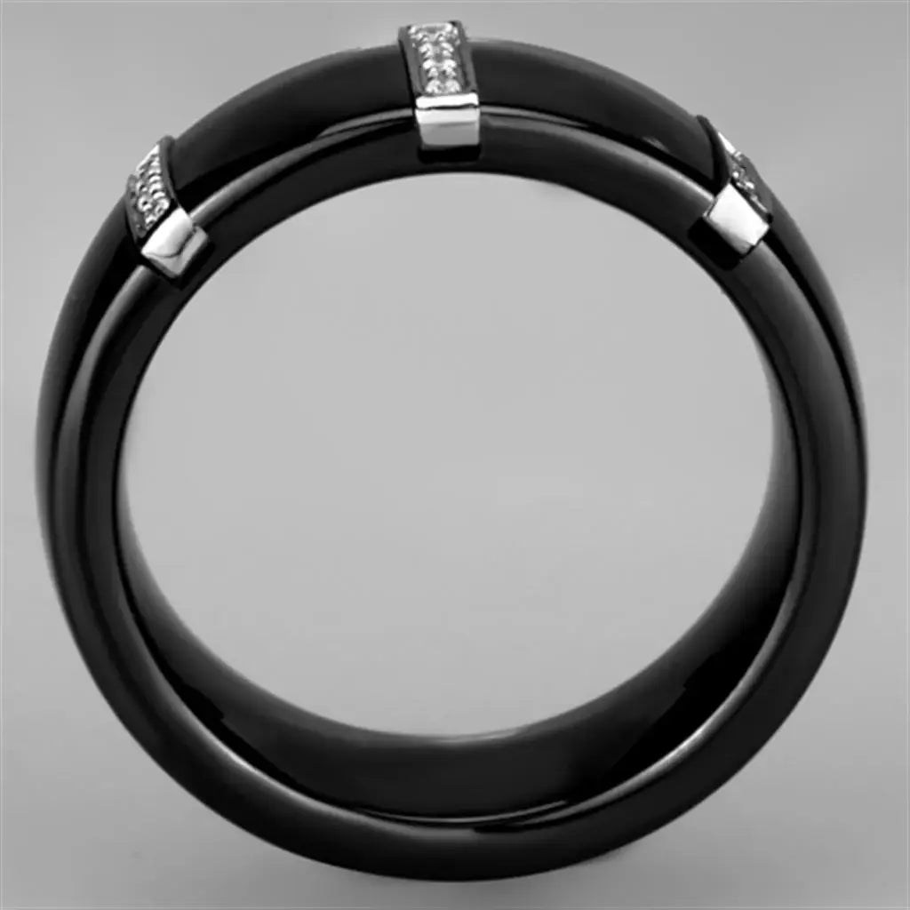 3W956 - High polished (no plating) Stainless Steel Ring with Ceramic in Jet - Alamode - Flyclothing LLC