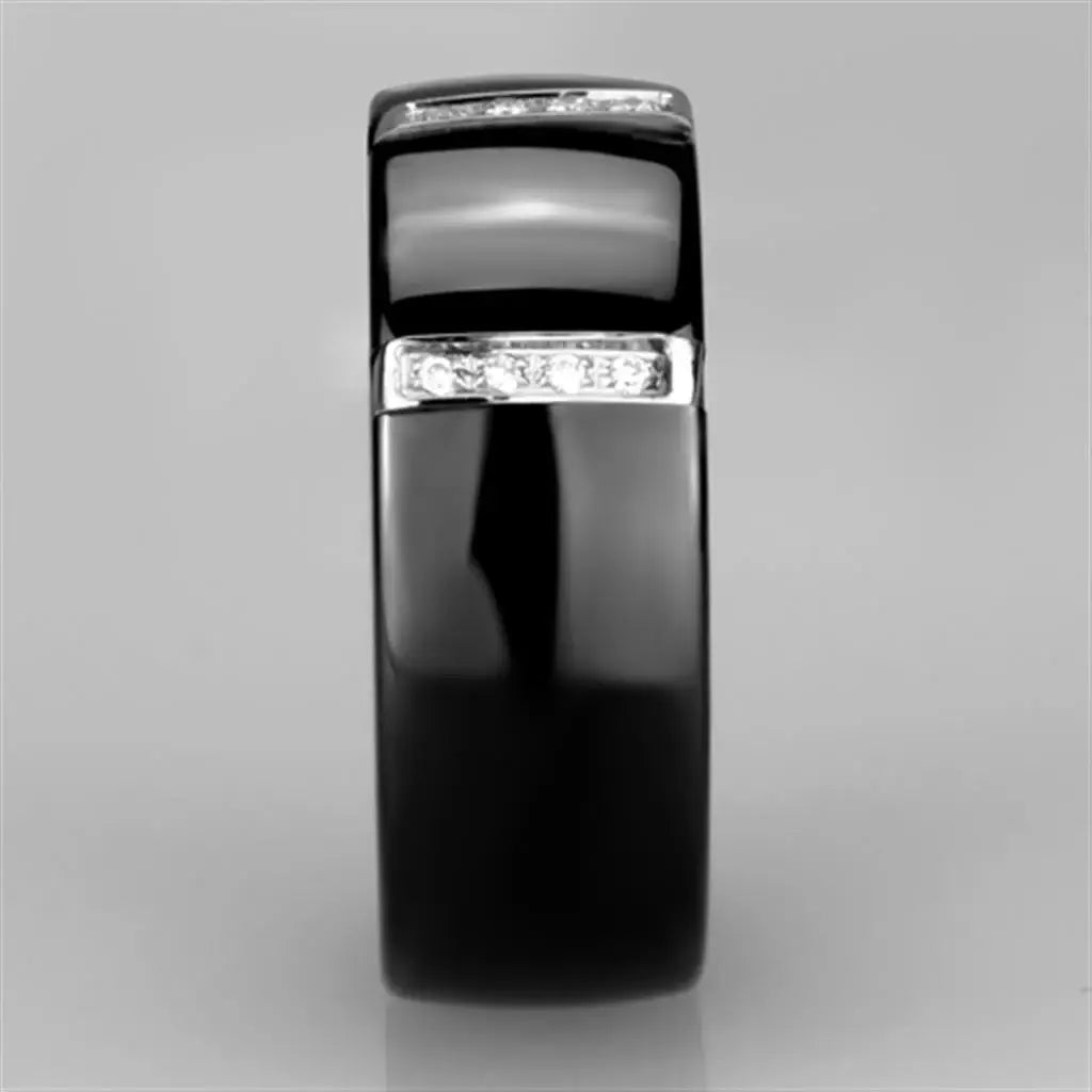 3W956 - High polished (no plating) Stainless Steel Ring with Ceramic in Jet - Alamode - Flyclothing LLC