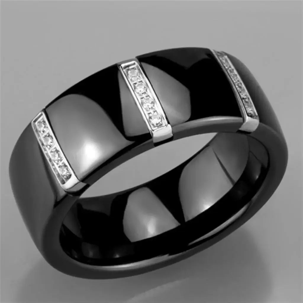 3W956 - High polished (no plating) Stainless Steel Ring with Ceramic in Jet - Alamode - Flyclothing LLC