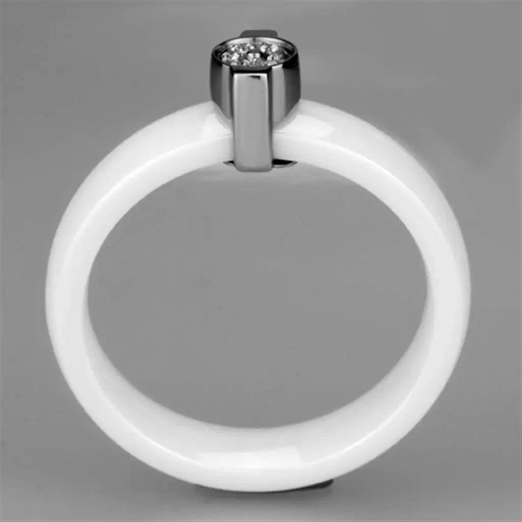 3W958 - High polished (no plating) Stainless Steel Ring with Ceramic in White - Alamode - Flyclothing LLC