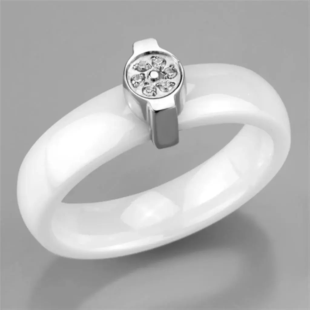 3W958 - High polished (no plating) Stainless Steel Ring with Ceramic in White - Alamode - Flyclothing LLC