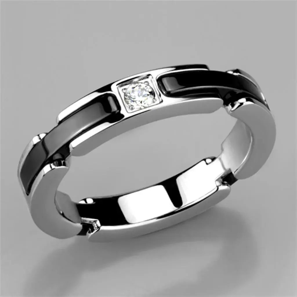 3W962 - High polished (no plating) Stainless Steel Ring with Ceramic in Jet - Alamode - Flyclothing LLC