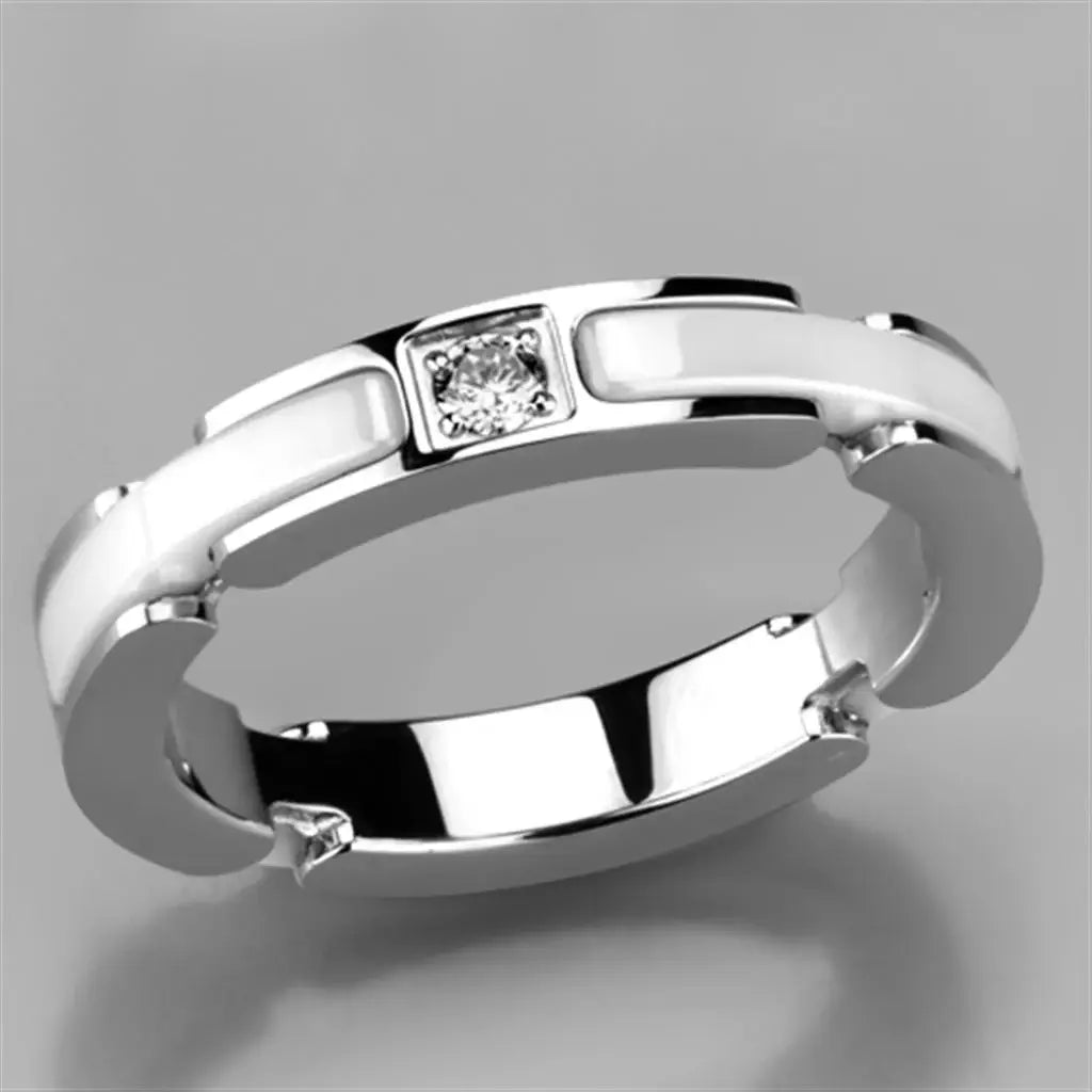 3W963 - High polished (no plating) Stainless Steel Ring with Ceramic in White - Alamode - Flyclothing LLC