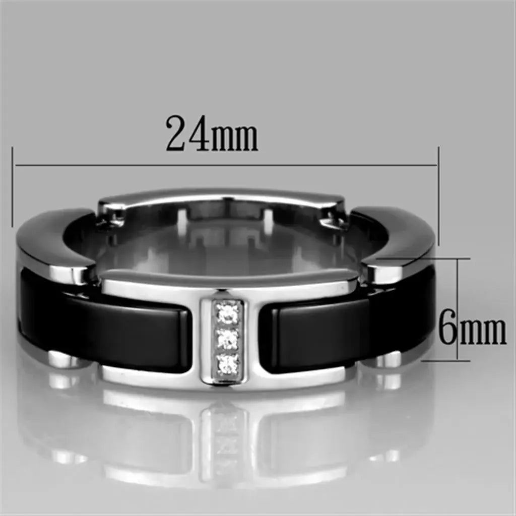 3W966 - High polished (no plating) Stainless Steel Ring with Ceramic in Jet - Alamode - Flyclothing LLC