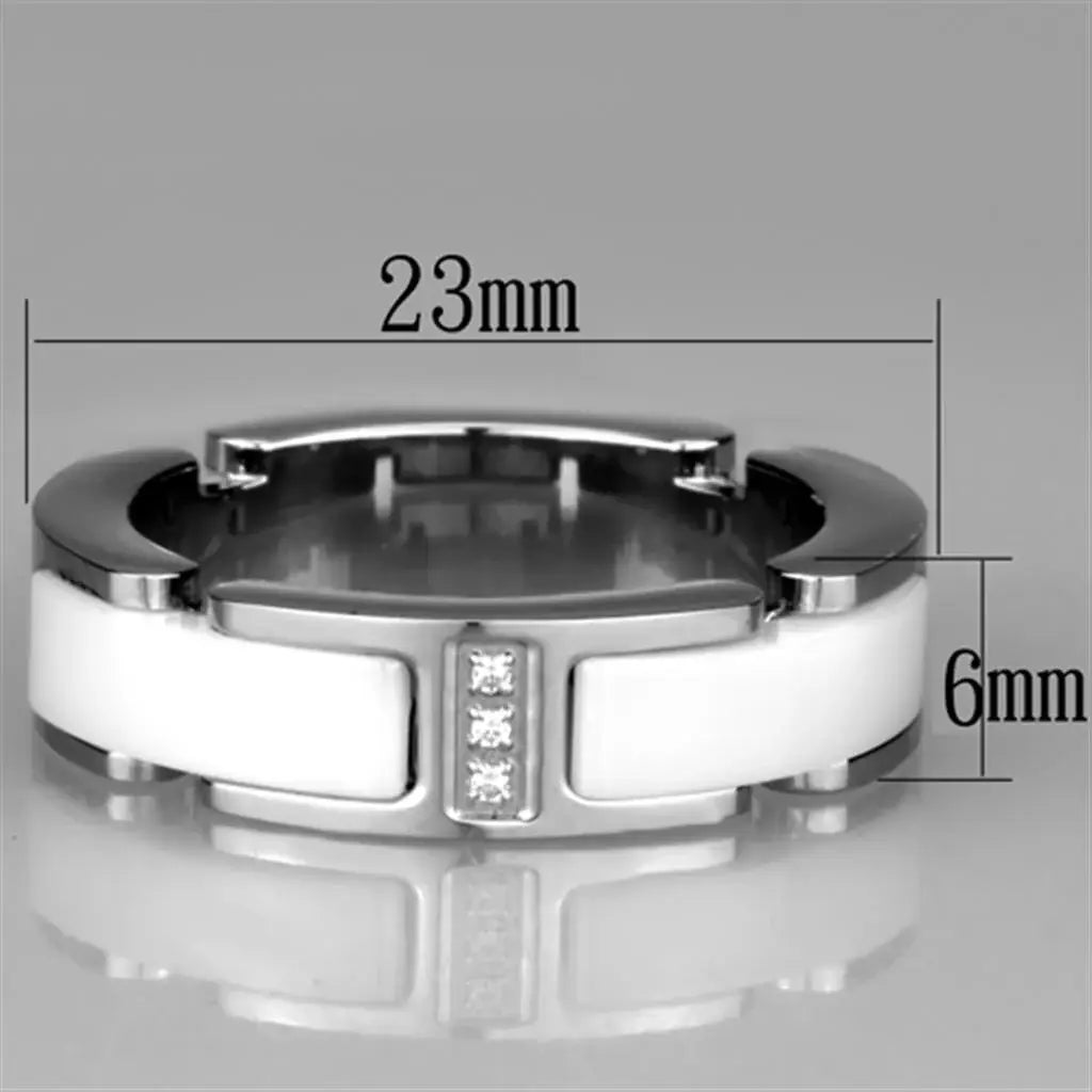 3W967 - High polished (no plating) Stainless Steel Ring with Ceramic in White - Alamode - Flyclothing LLC