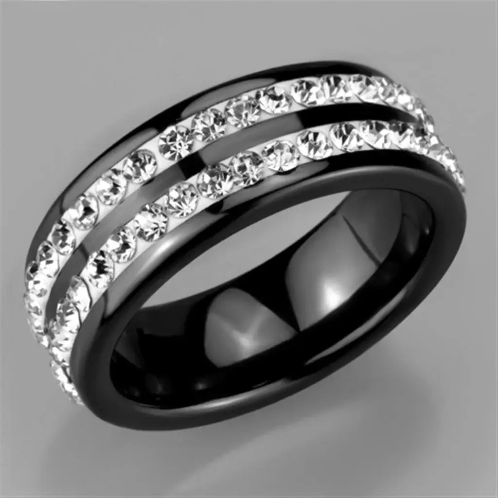 3W971 - High polished (no plating) Stainless Steel Ring with Ceramic in Jet - Alamode - Flyclothing LLC