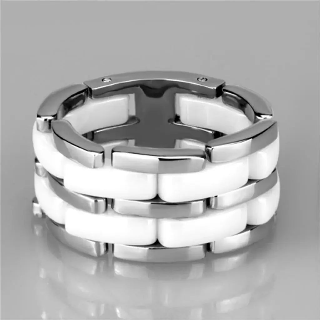 3W975 - High polished (no plating) Stainless Steel Ring with Ceramic in White - Alamode - Flyclothing LLC