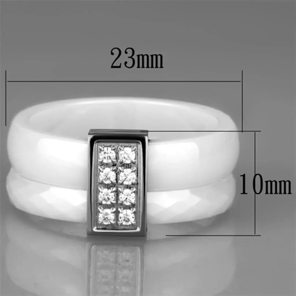 3W979 - High polished (no plating) Stainless Steel Ring with Ceramic in White - Alamode - Flyclothing LLC