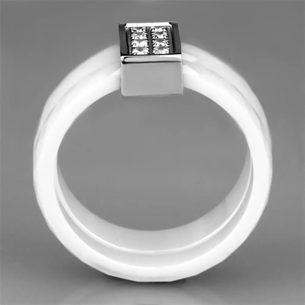 3W979 - High polished (no plating) Stainless Steel Ring with Ceramic in White - Alamode - Flyclothing LLC