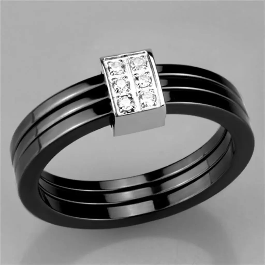 3W980 - High polished (no plating) Stainless Steel Ring with Ceramic in Jet - Alamode - Flyclothing LLC