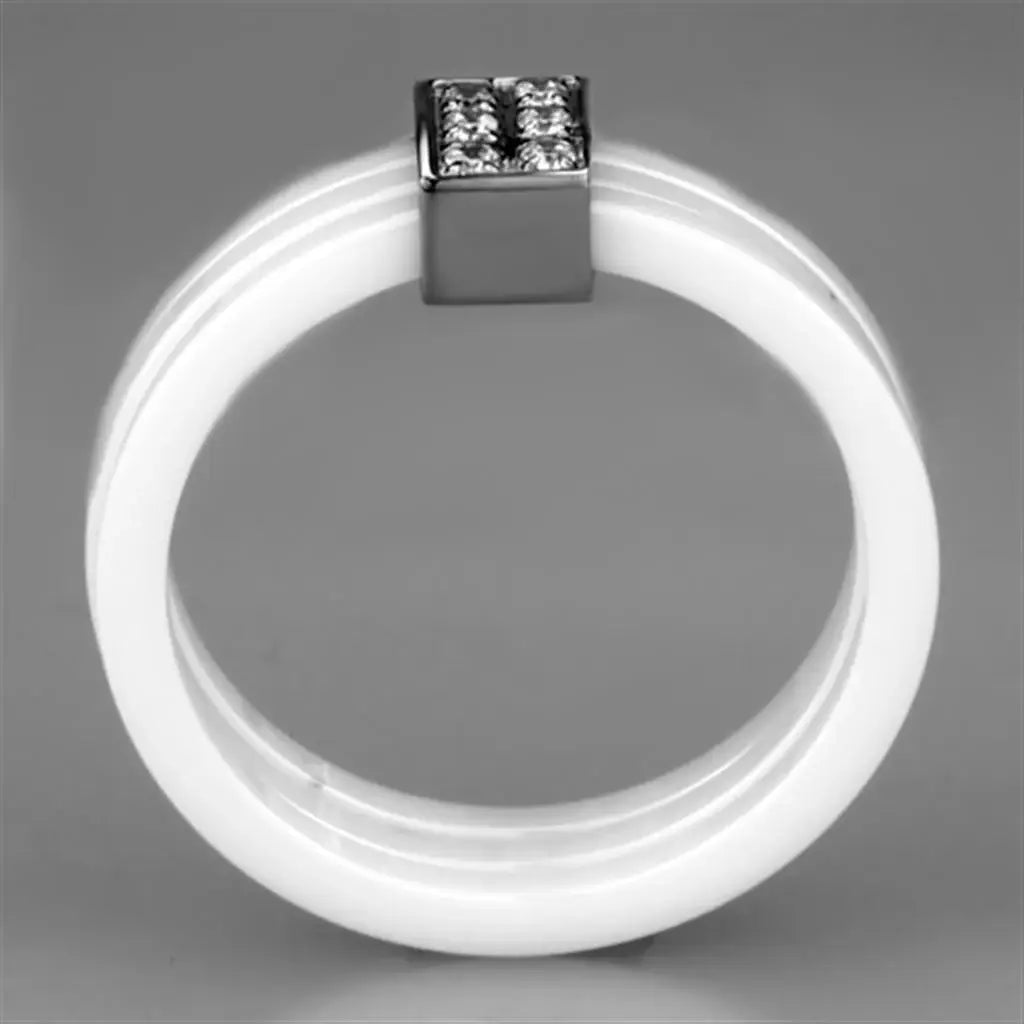 3W981 - High polished (no plating) Stainless Steel Ring with Ceramic in White - Alamode - Flyclothing LLC