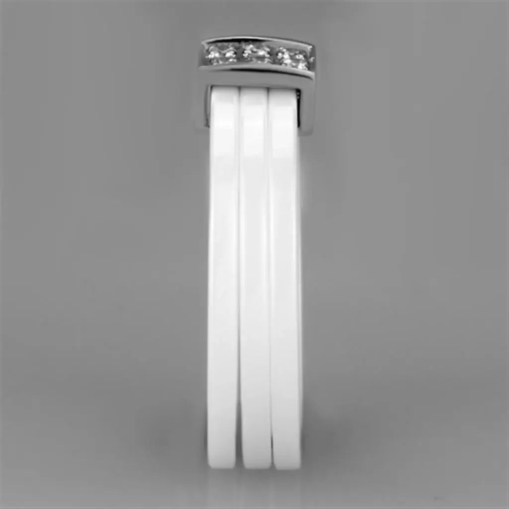 3W981 - High polished (no plating) Stainless Steel Ring with Ceramic in White - Alamode - Flyclothing LLC