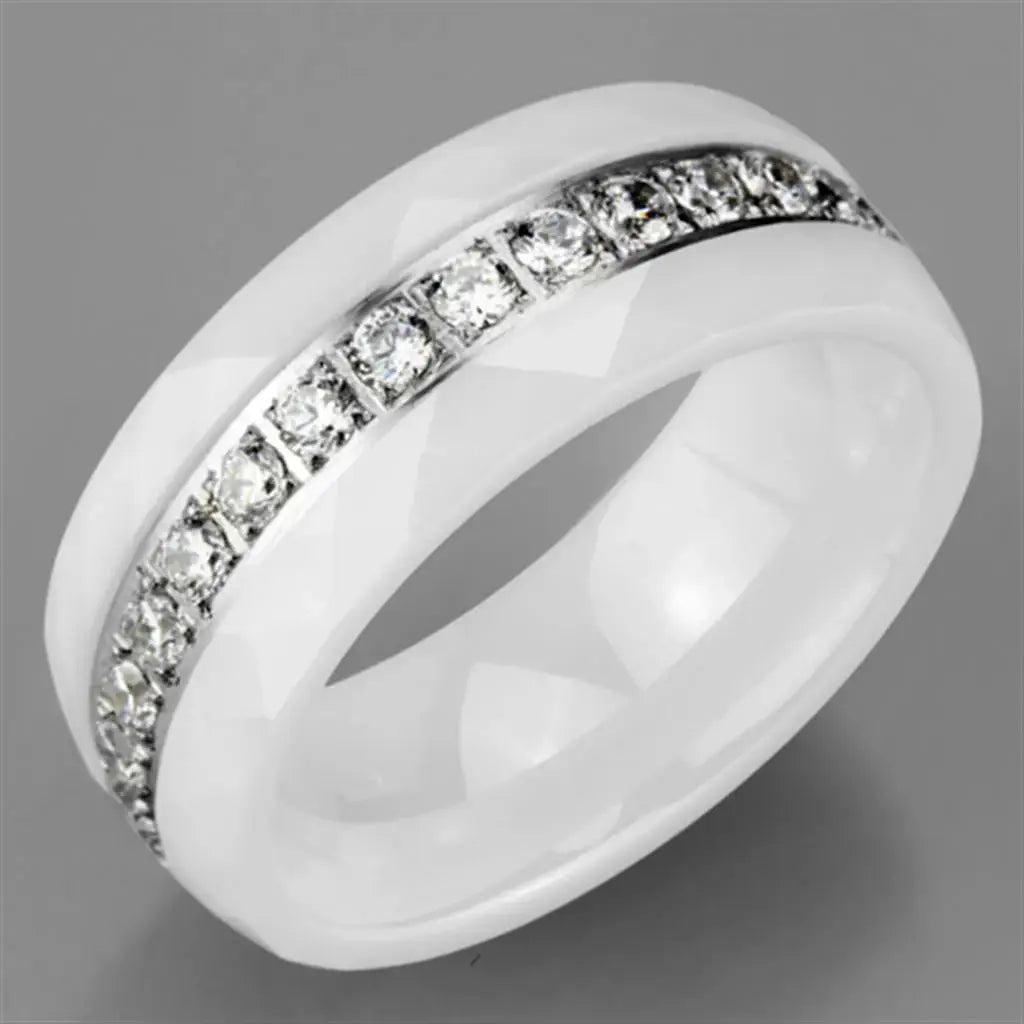 3W983 - High polished (no plating) Stainless Steel Ring with Ceramic in White - Alamode - Flyclothing LLC