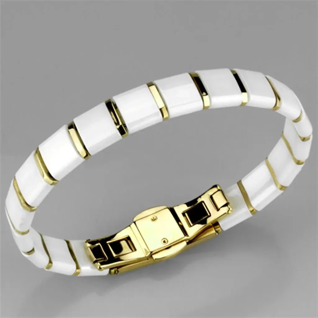 3W989 - IP Gold(Ion Plating) Stainless Steel Bracelet with Ceramic in White - Alamode - Flyclothing LLC