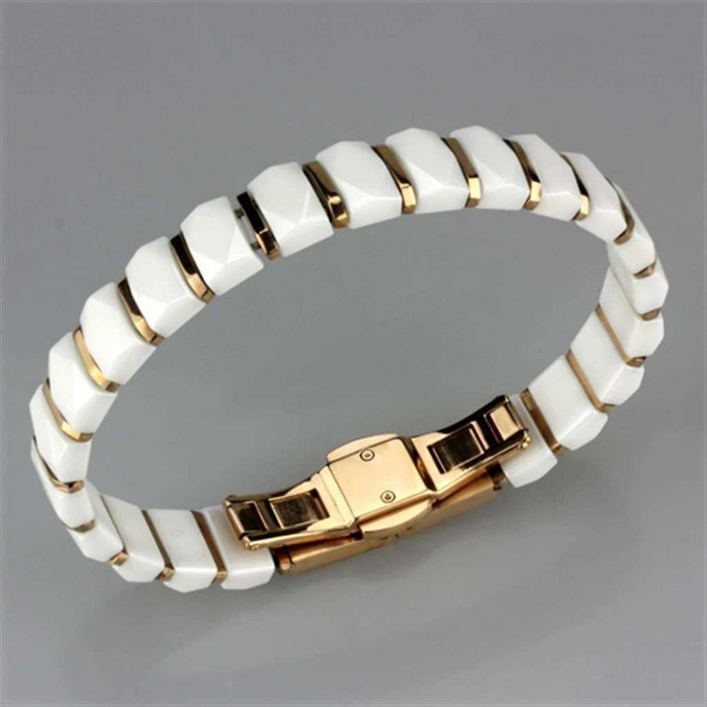 3W993 - IP Rose Gold(Ion Plating) Stainless Steel Bracelet with Ceramic in White - Alamode - Flyclothing LLC