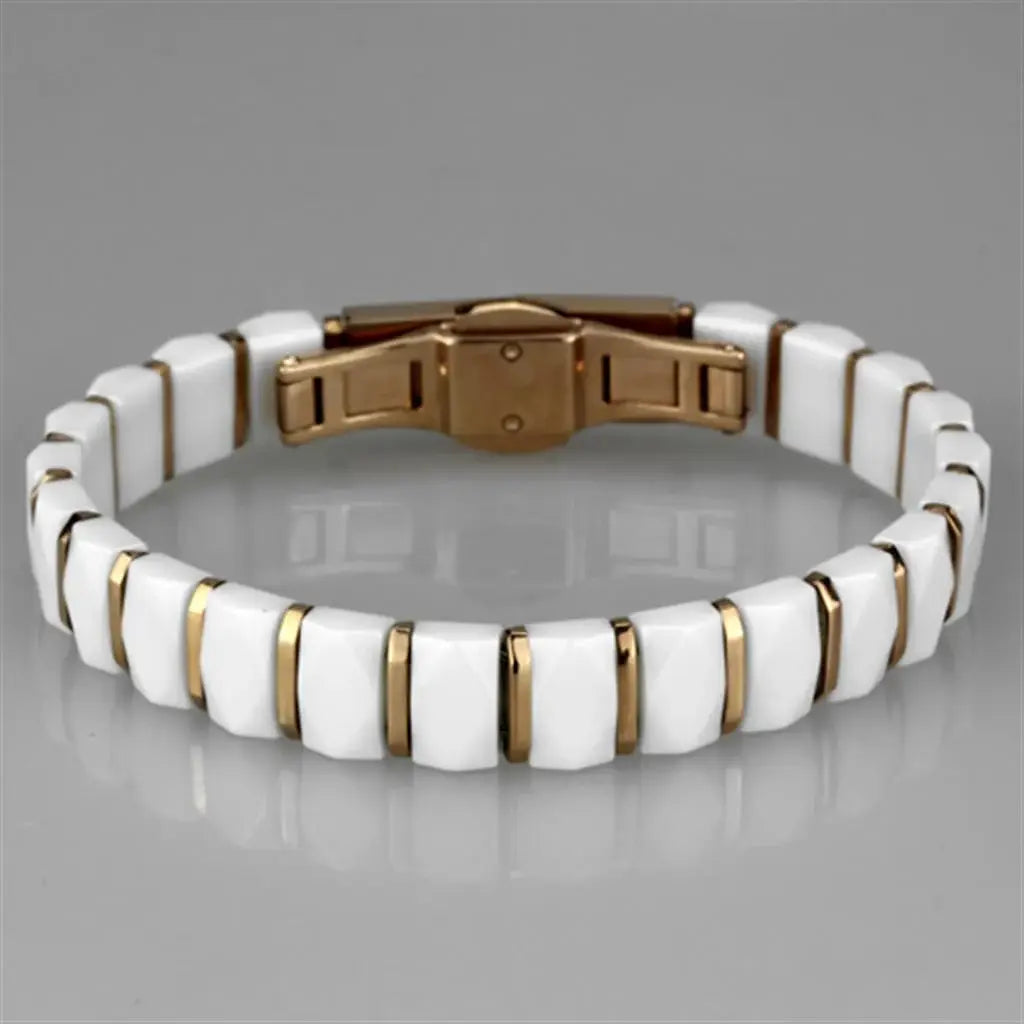 3W993 - IP Rose Gold(Ion Plating) Stainless Steel Bracelet with Ceramic in White - Alamode - Flyclothing LLC