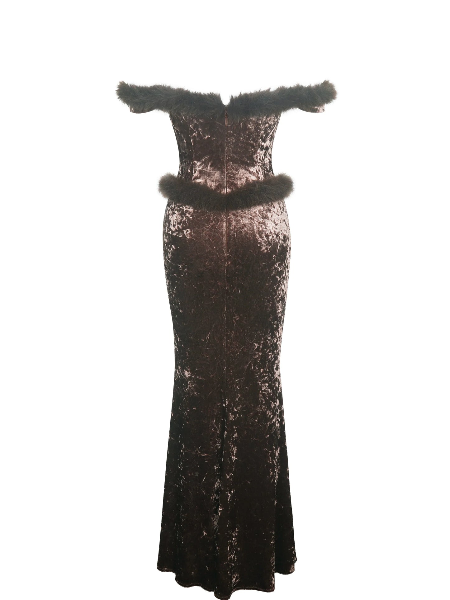 Tessa Coffee Sweetheart Bardot Faux Fur Velvet Mermaid Maxi Dress - Miss Circle - Flyclothing LLC