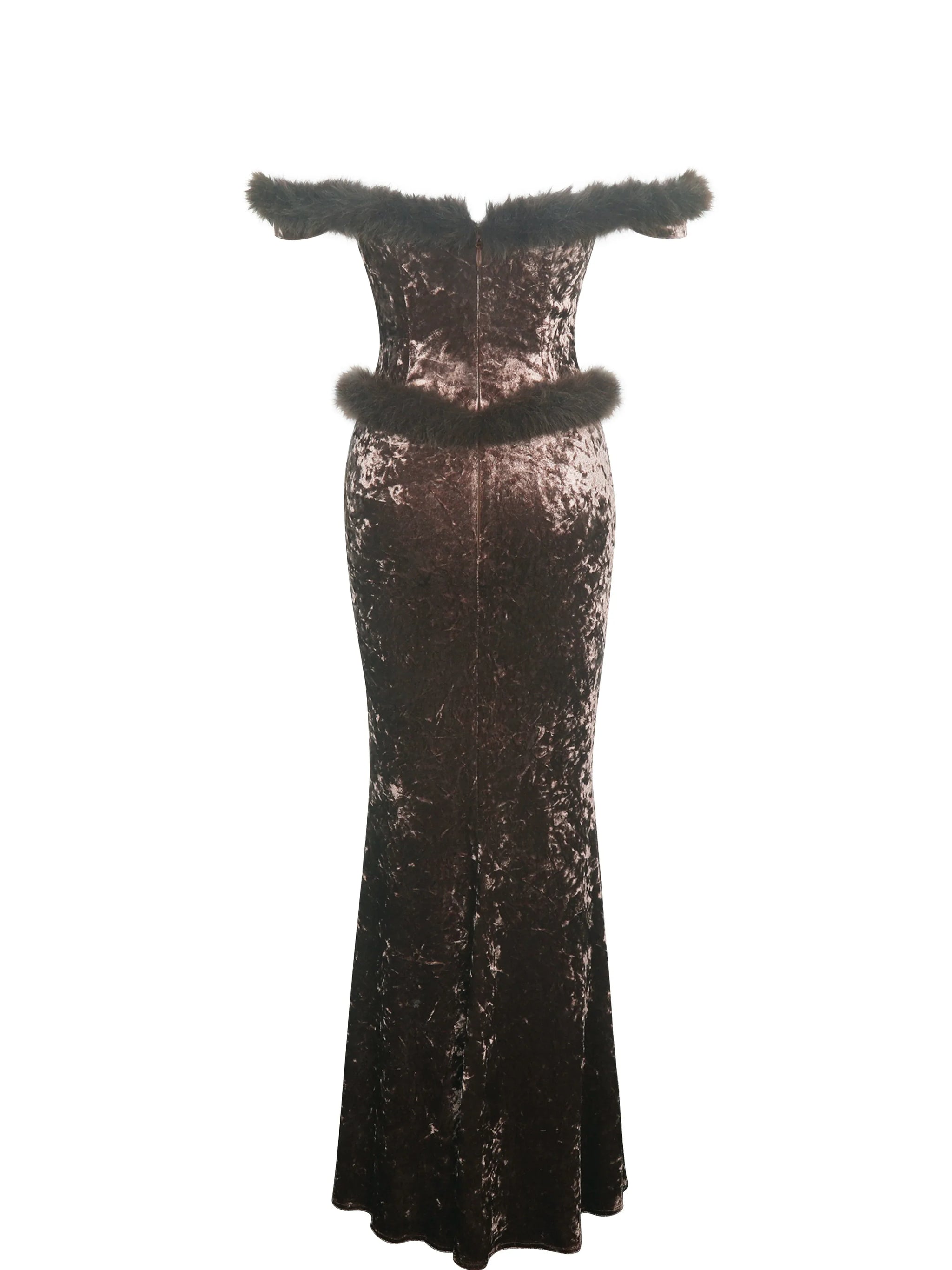 Tessa Coffee Sweetheart Bardot Faux Fur Velvet Mermaid Maxi Dress - Miss Circle - Flyclothing LLC