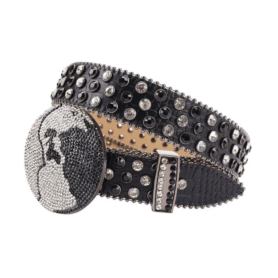 Black Strap Earth World Buckle Belt With Silver & Black Studded Rhinestone - Rhinestone Belt Store - Flyclothing LLC