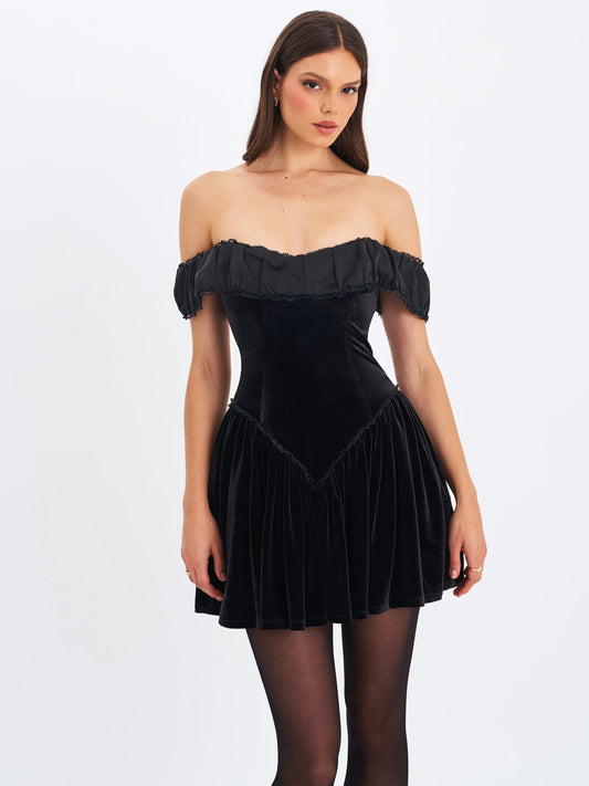 Daisha Black Lace Trimmed Off-Shoulder Ruched Mini Dress - Miss Circle - Flyclothing LLC