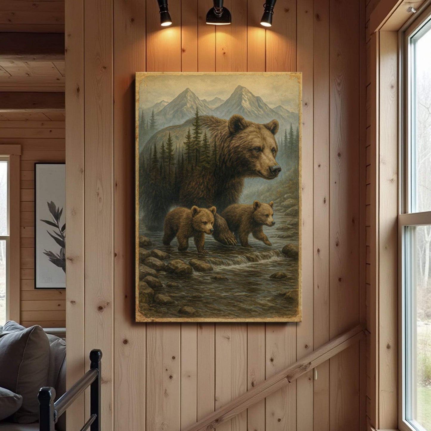 Mother Bear and Cubs Crossing Double Exposure Wall Art - Tailored Canvases - Flyclothing LLC