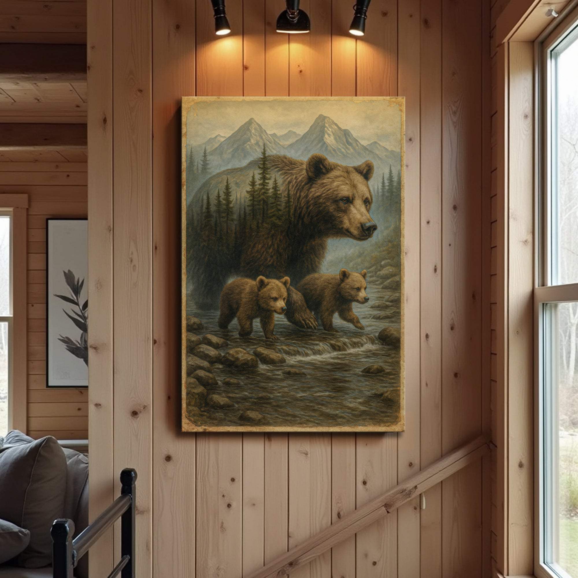Mother Bear and Cubs Crossing Double Exposure Wall Art - Tailored Canvases - Flyclothing LLC