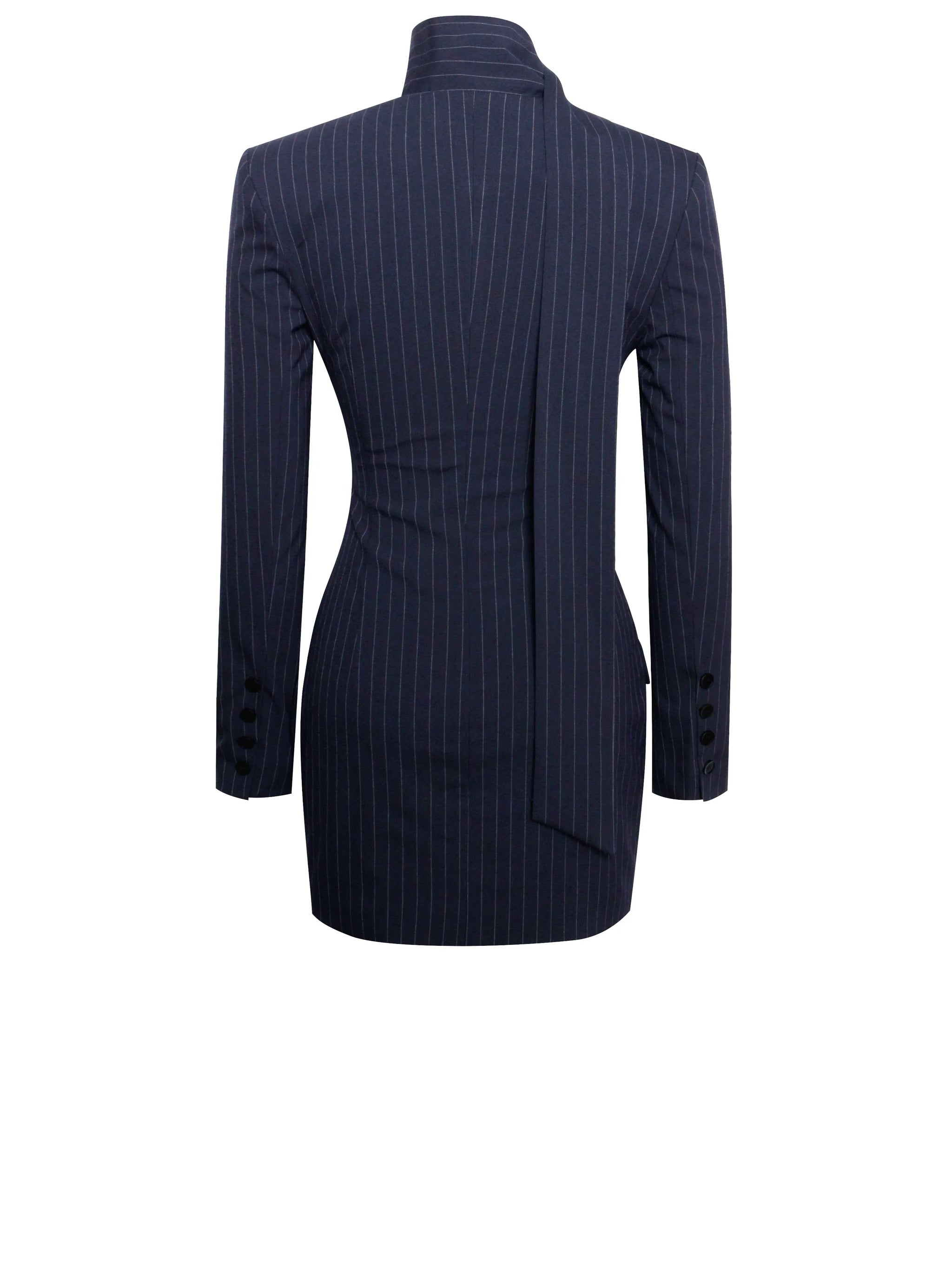 Tahlia Deep V Pinstripes Navy Blue Blazer Dress with scarf collar - Miss Circle - Flyclothing LLC