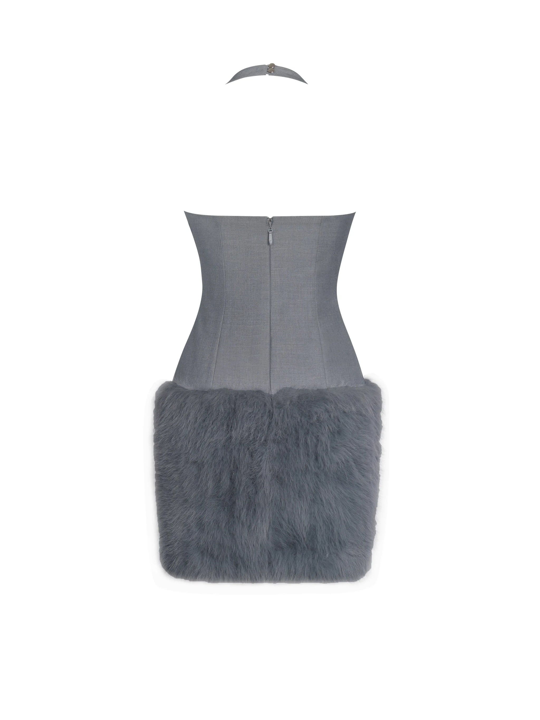 Daisy Grey Drop Waist Fur Trim Halter Mini Dress - Miss Circle - Flyclothing LLC