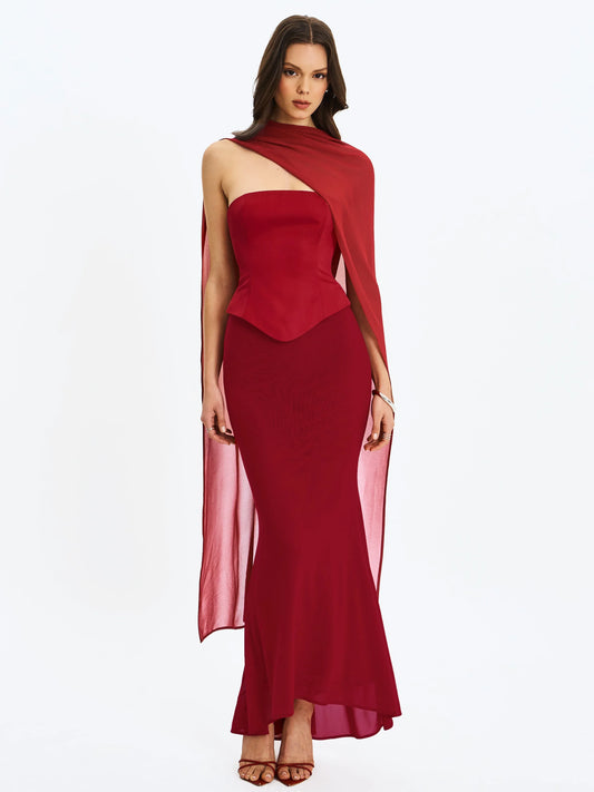 Giselle Crimson Peplum Mermaid Gown with Chiffon Scarf - Miss Circle - Flyclothing LLC