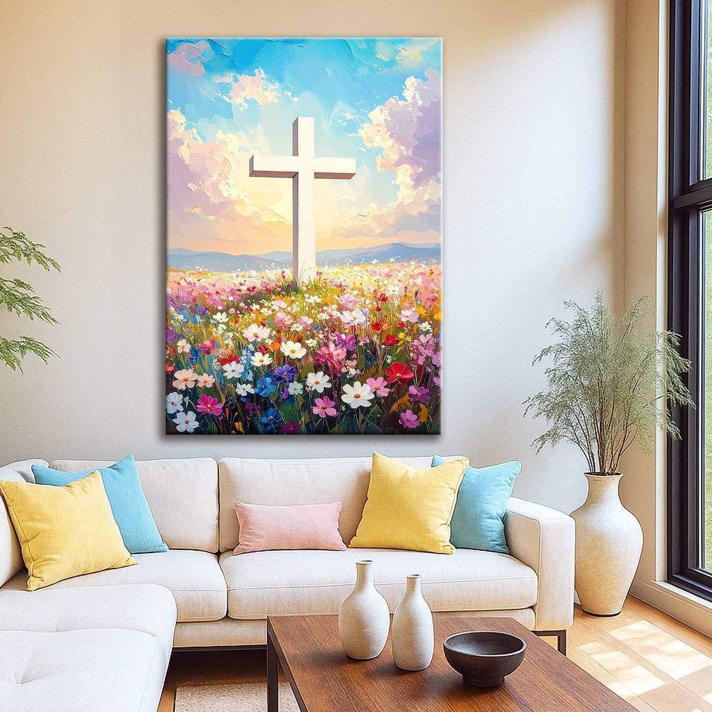 Cross Floral Field Faith Wall Art - Tailored Canvases - Flyclothing LLC