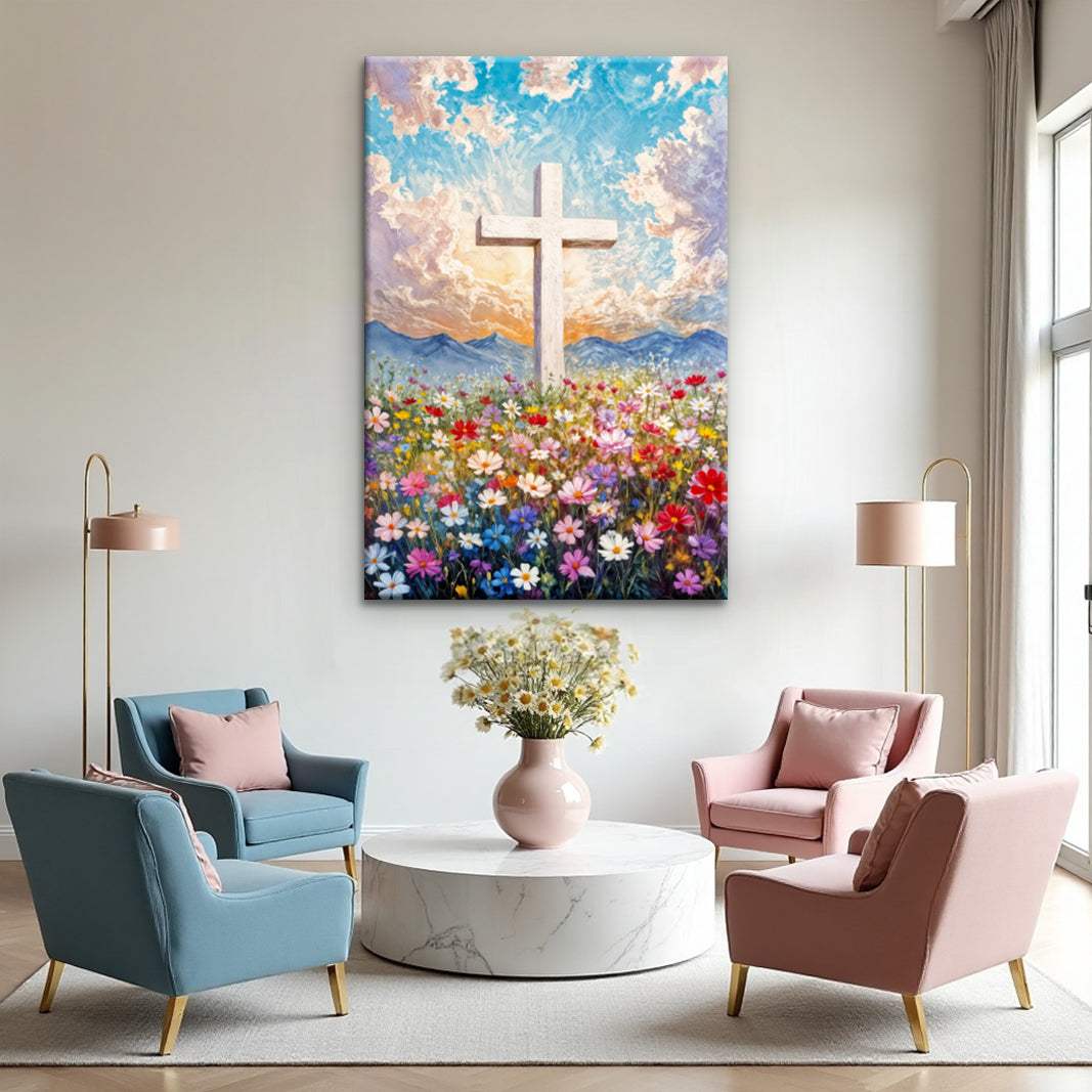 Cross Floral Field Faith Wall Art II - Tailored Canvases - Flyclothing LLC