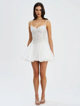 Fabiola Lace Trim Silver Net Top Mini Flare Chiffon Dress - Miss Circle - Flyclothing LLC