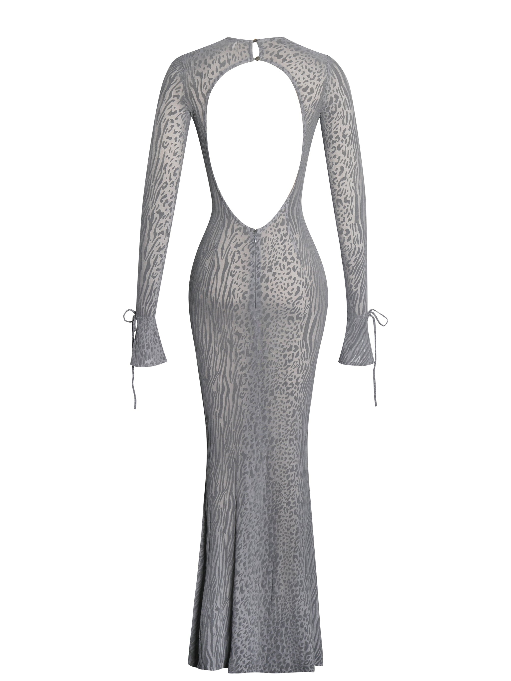 Waylynn Gray Animal Print Burnout Velvet Detail Mesh Backless Maxi Dress