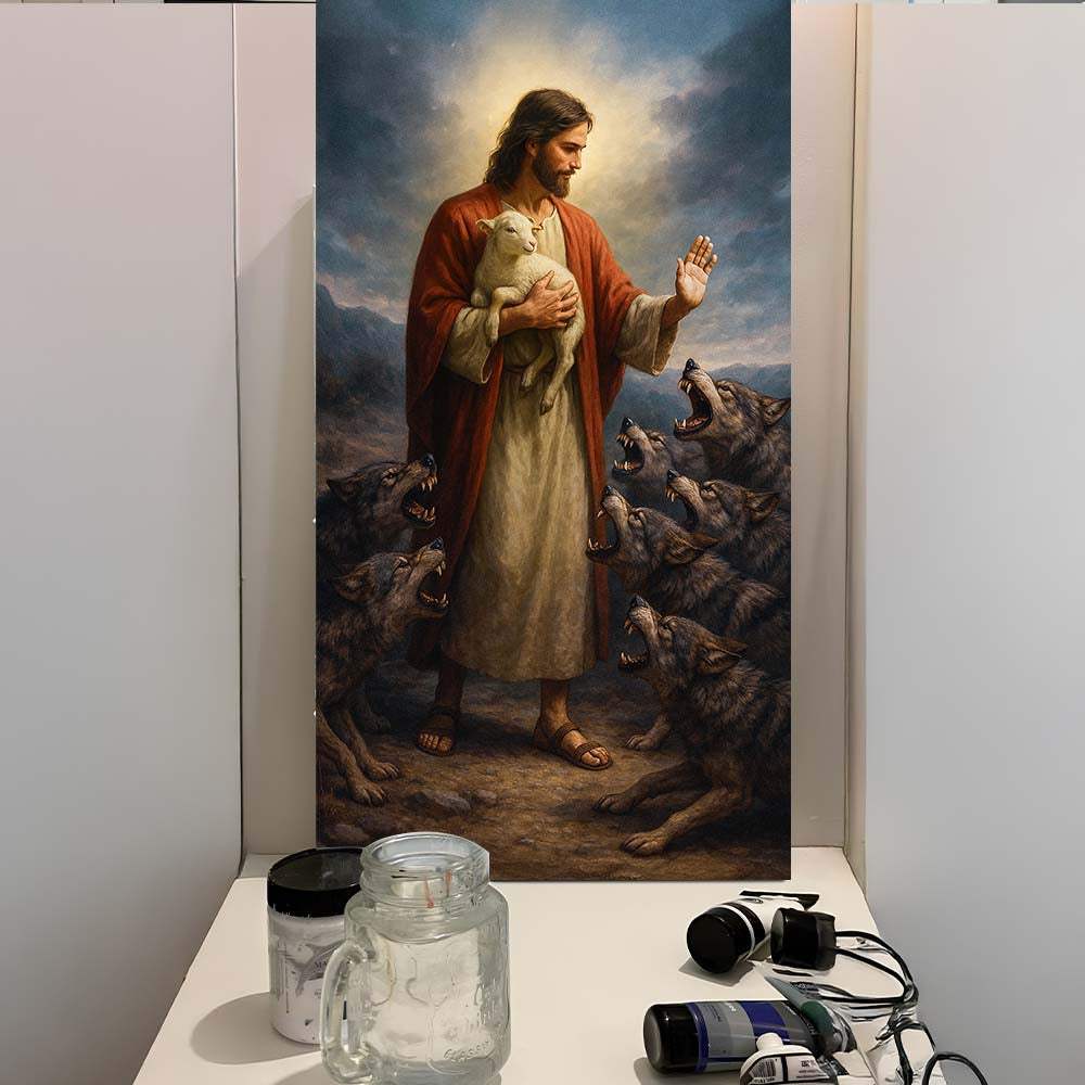 Jesus Protects The Lamb From Wolves Faith Wall Art V - Tailored Canvases - Flyclothing LLC