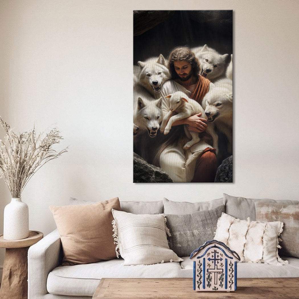Jesus Protects The Lamb From Wolves Faith Wall Art - Tailored Canvases - Flyclothing LLC
