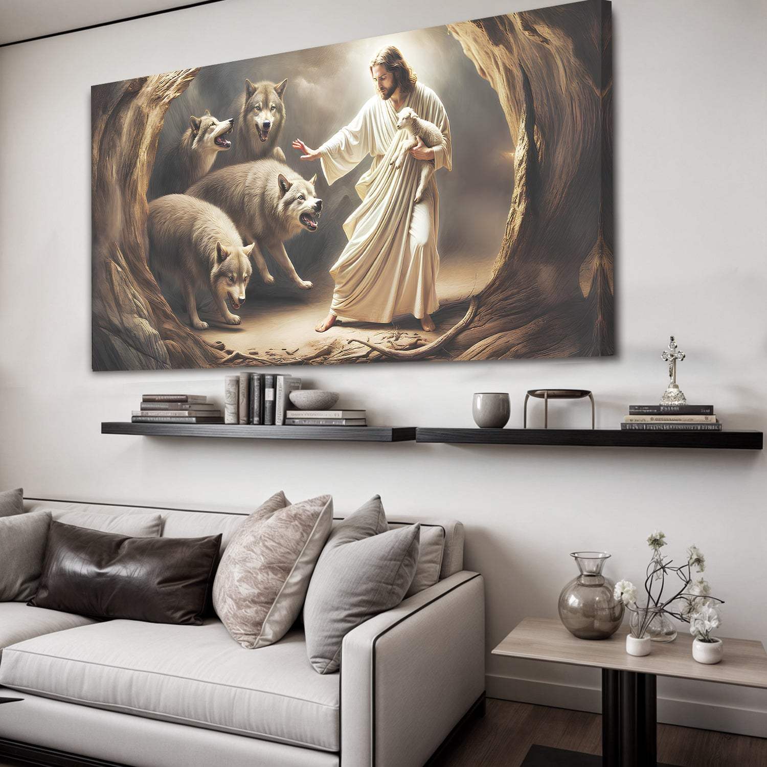 Jesus Protects The Lamb From Wolves Faith Wall Art III - Tailored Canvases - Flyclothing LLC