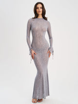 Waylynn Gray Animal Print Burnout Velvet Detail Mesh Backless Maxi Dress