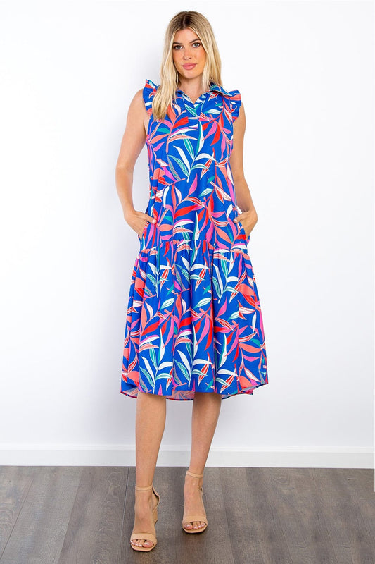 Be Stage Print Ruffled Midi Dress with Pockets - Trendsi