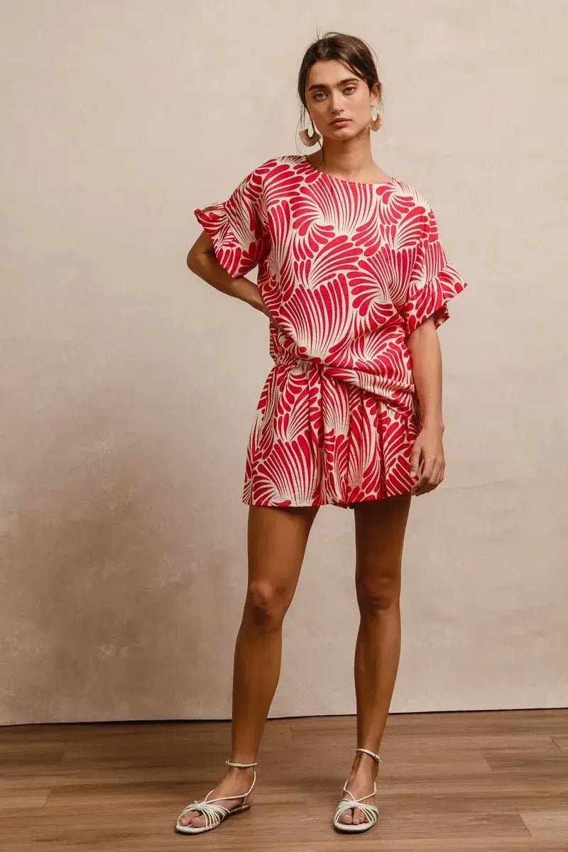 BiBi Print Woven Ruffled Sleeves Top - Trendsi - Flyclothing LLC