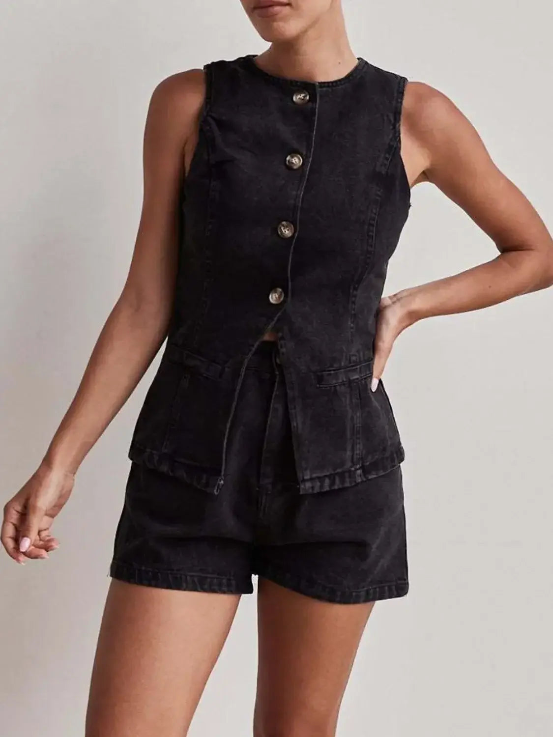 Button Down Vest and Shorts Denim Set - Trendsi - Flyclothing LLC