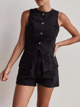 Button Down Vest and Shorts Denim Set - Trendsi - Flyclothing LLC